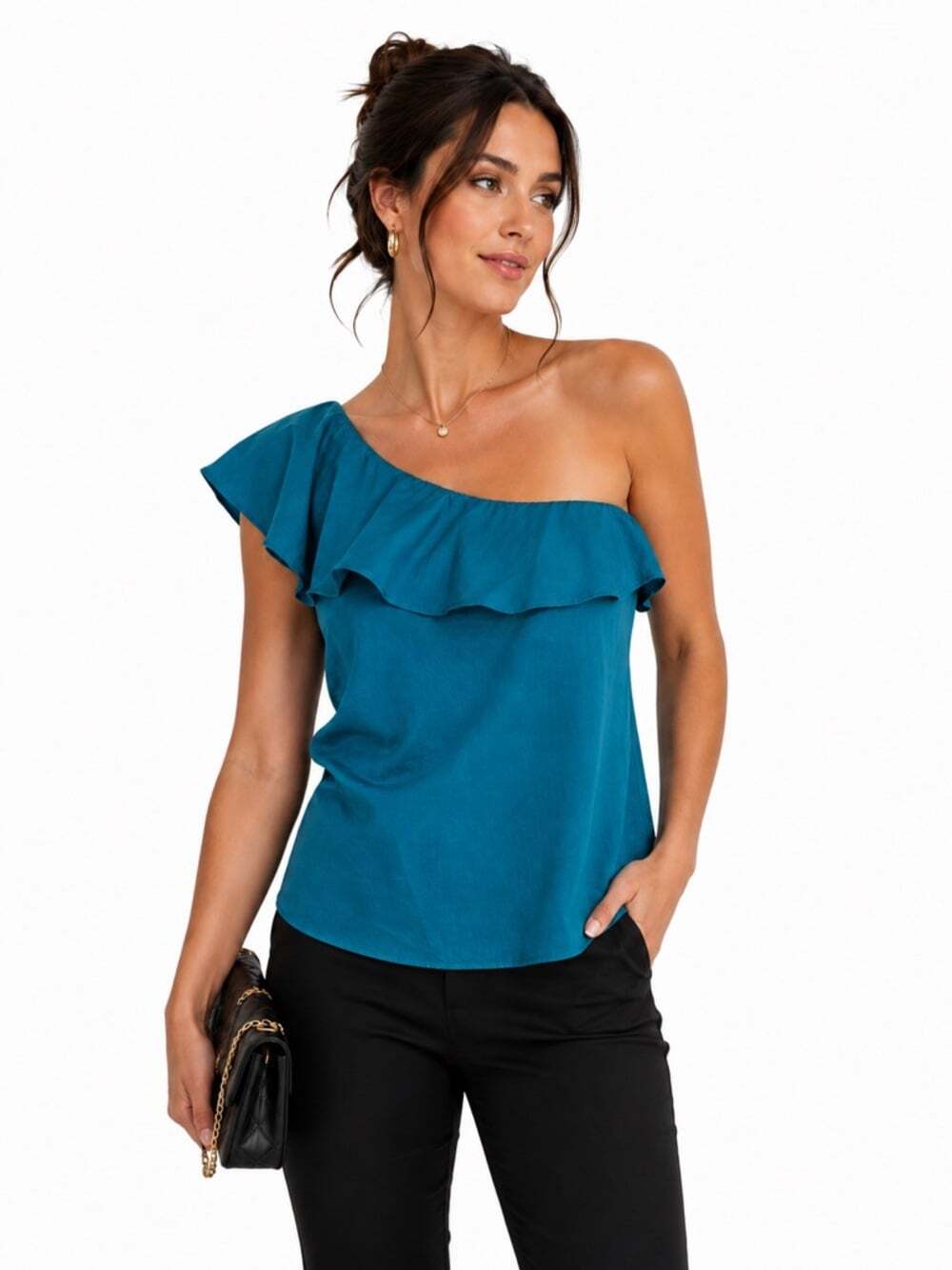 The Limited One Shoulder Ruffle Top Teal Blue Size L Dressy Sleeveless Blouse